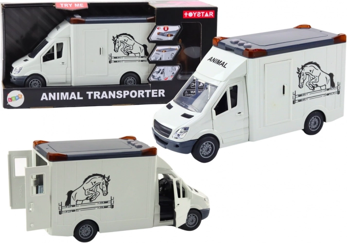 Transporteur automobile pour chevaux avec portes ouvrantes et effets lumineux et sonores blanc