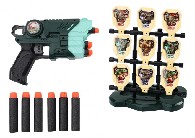 Pistolet avec cible et fléchettes en mousse - dinosaures