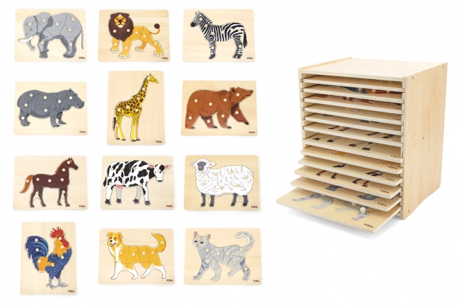 Ensemble de puzzles en bois 12 animaux Montessori avec support Viga
