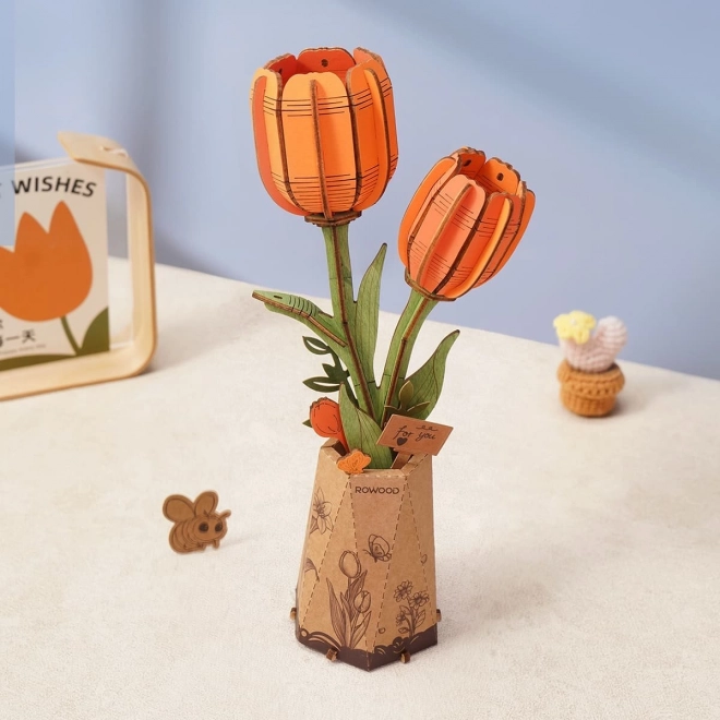 Puzzle en bois 3D Robotime Rowood tulipes orange