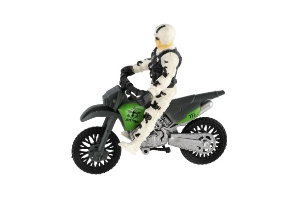 Ensemble militaire en plastique avec moto, soldat, chien et accessoires dans une boîte 23x14x4cm