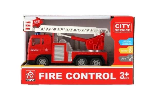 Voiture de pompiers en plastique 16cm à inertie avec batterie avec lumière et son dans une boîte 21x13x9cm