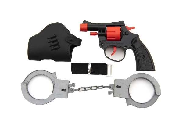 Pistolet à capsules 8 coups en plastique 13cm avec étui et menottes sur carte