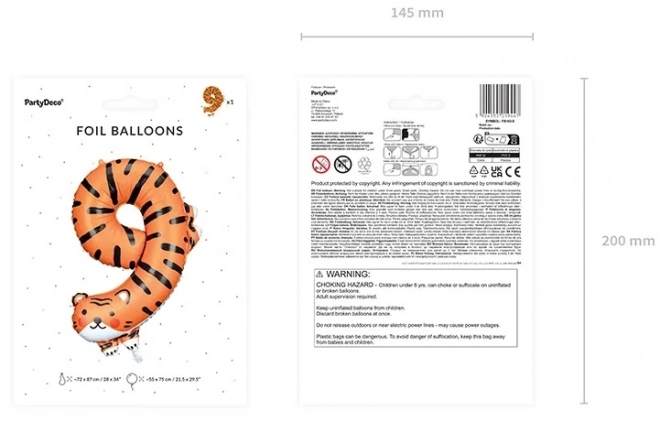 Ballon d'anniversaire en feuille numéro 9 - Tigre 64 x 87 cm