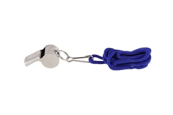Sifflet avec cordelette métal/tissu 5 cm sur carte