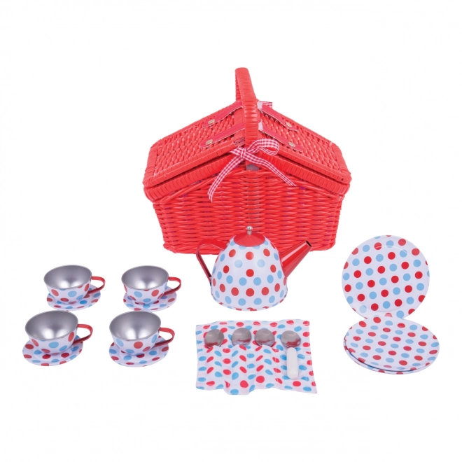 Bigjigs Toys Ensemble à pois pour le thé dans un panier de pique-nique