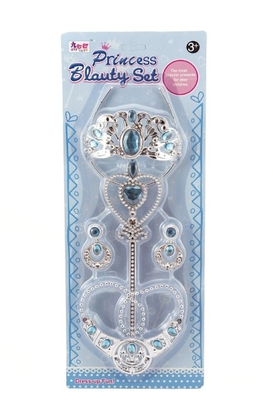 Grand ensemble de beauté couronne en plastique + collier + boucles d'oreilles + sceptre 4 pièces sur carte