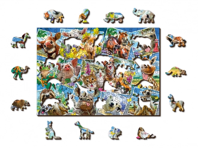 Puzzle en bois avec figurines - carte postale avec animaux