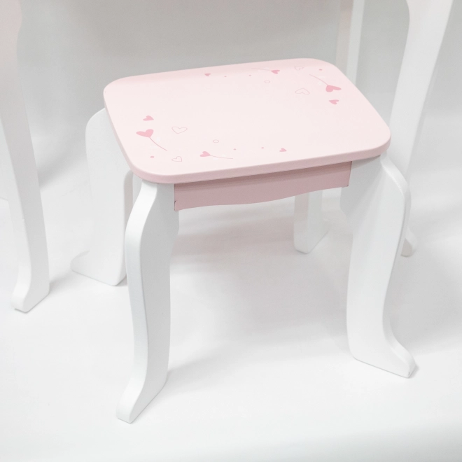 Coiffeuse et tabouret en bois Viga blanc et rose avec miroir