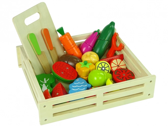 Fruits et légumes en bois dans une boîte à aimants