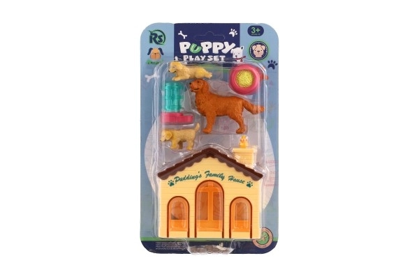 Chiens 3pcs avec maisonnette/cabane en plastique avec accessoires sur carte 15x25x5cm