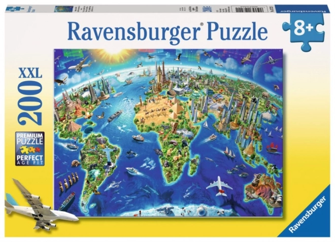 Puzzle carte du monde avec monuments XXL 200 pièces