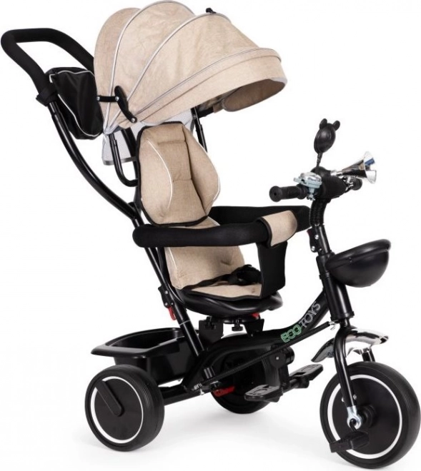 ECOTOYS Tricycle avec toit et tige de guidage beige
