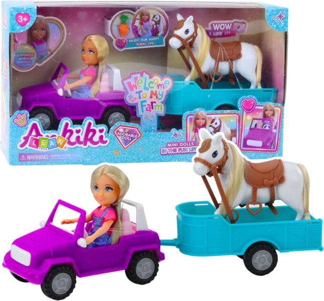Poupée avec cabriolet tout-terrain et remorque pour cheval