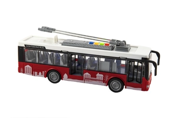 Autobus/trolleybus en plastique 28cm à inertie avec lumière et son dans une boîte 32x17x11cm