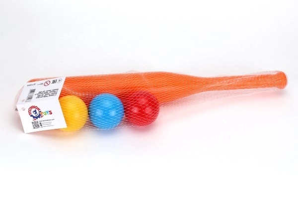 Bat de baseball 50cm + 3 balles en plastique 2 couleurs en filet