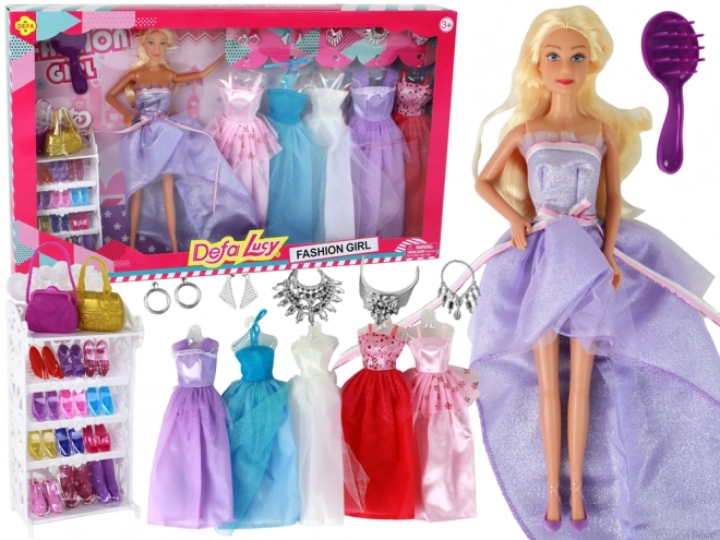 Poupée Enfant Longs cheveux blonds Garde-robe Chaussures Robes Accessoires Violet