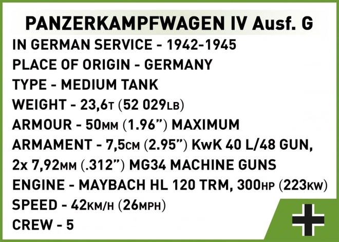 COBI 3127 Seconde Guerre mondiale char allemand Panzerkampfwagen IV Ausf. G 1:35