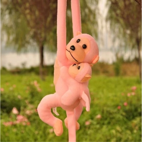 Singe en peluche rose avec bébé 70 cm