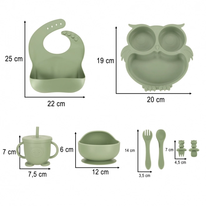 Ensemble vaisselle en silicone pour enfants avec motif hibou en vert militaire