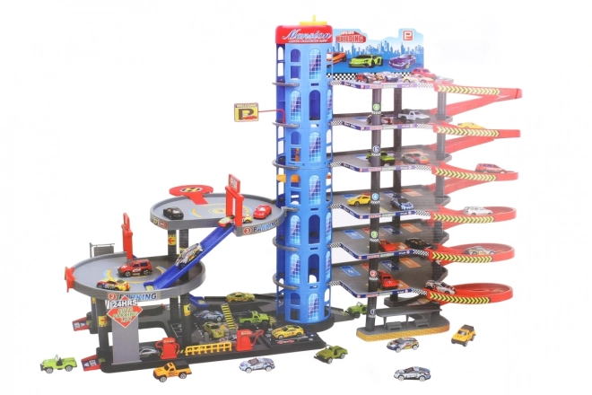 Garage avec petites voitures et héliport