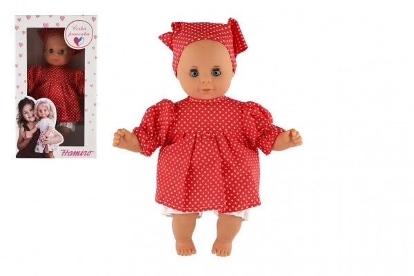 Poupée/Bébé Hamiro 30cm, corps en tissu robe rouge + pois blancs + foulard dans boîte 20x35x13cm