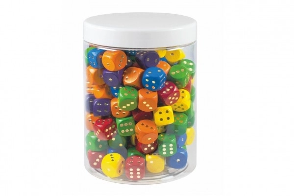 Dés de jeu colorés en bois jeu de société 16mm 150 pcs en boîte plastique 10x14cm