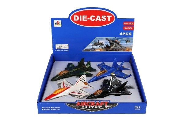 Chasseur en métal et plastique avec mécanisme d'enroulement 16 cm - ensemble de quatre avions colorés