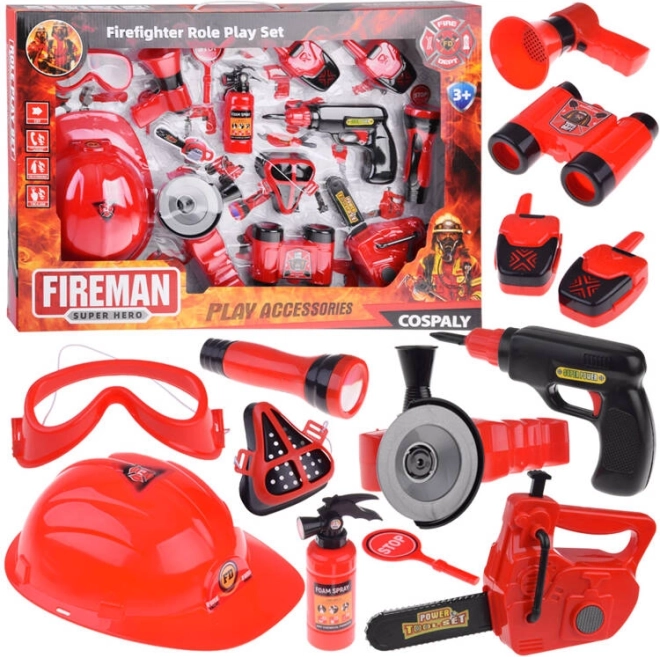 Grand set de pompier avec casque et scie, 13 pièces