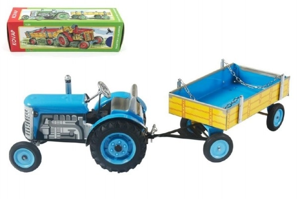 Tracteur Zetor avec remorque bleu à clé en métal 28cm Kovap en boîte