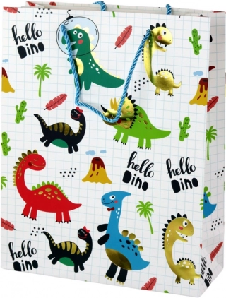 Sac cadeau en papier avec dinosaures, damier blanc, 32 × 26 × 10 cm