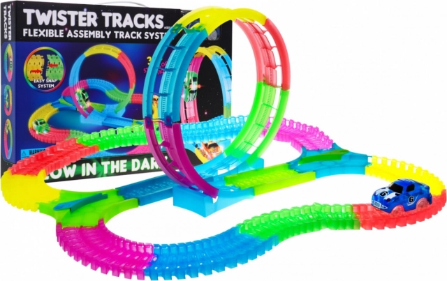 Piste de course lumineuse avec loopings et voiture LED pour enfants dès 3 ans