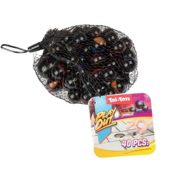 Billes en verre de différentes tailles 40 pcs mélange de couleurs dans un filet 12 pcs en boîte