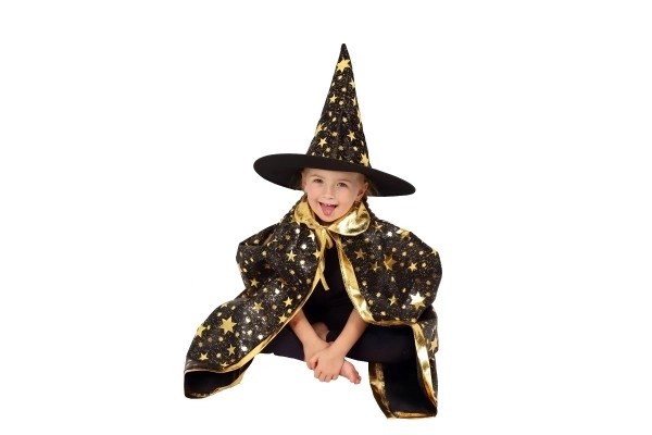 Chapeau de sorcier + cape pour enfants diamètre 38cm noir-doré en sac de carnaval