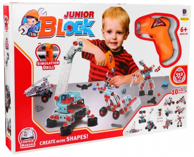 Kit de construction pour enfants + tournevis électrique + outils + 10 modèles à construire - 552 pièces