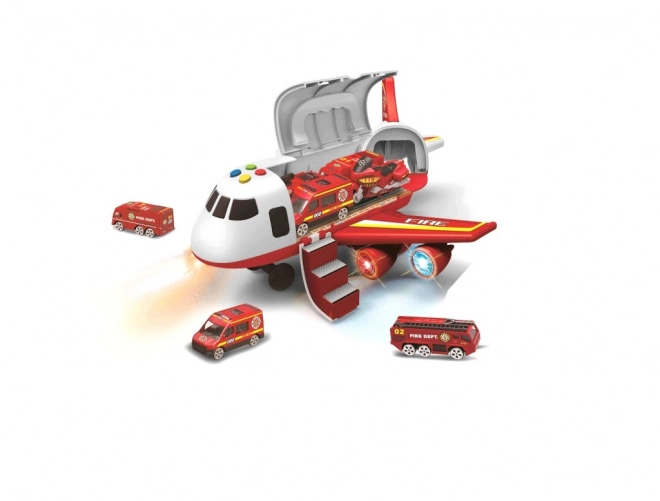 Avion de pompiers avec soute et 3 petites voitures