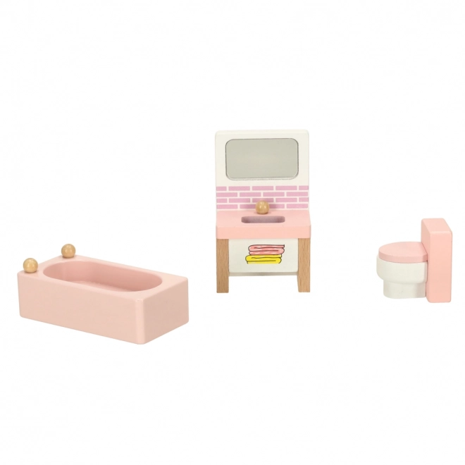 Meubles en bois pour maison de poupées - salon, chambre à coucher, salle de bain, cuisine rose