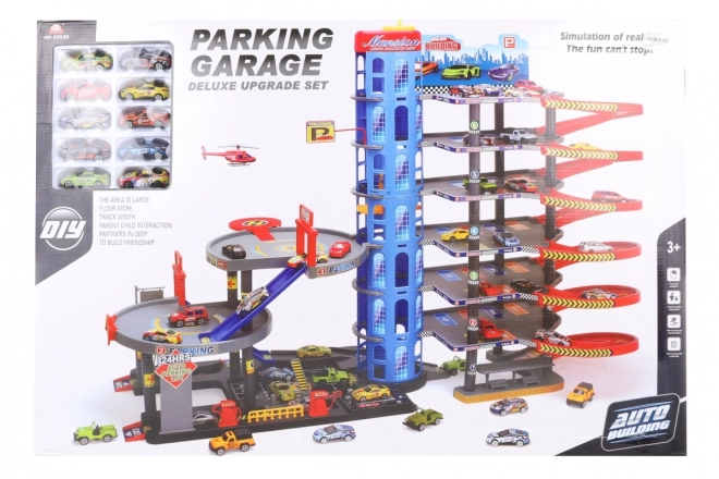 Garage avec petites voitures et héliport