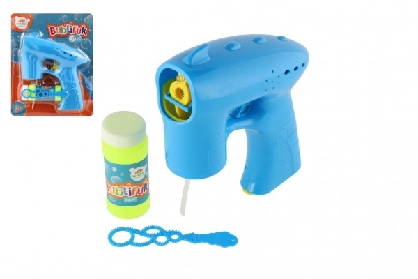 Pistolet à bulles bleu plastique 13cm + recharge à piles sur carte