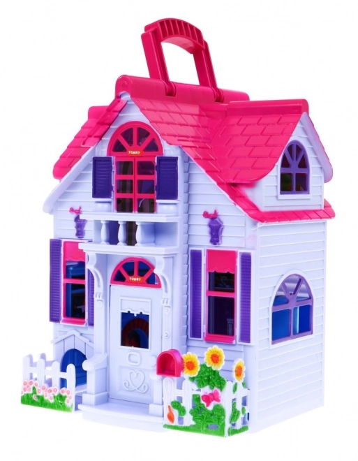 Maison de poupées pliable 3+ Violet + figurines de famille + chien + meubles + 2 étages