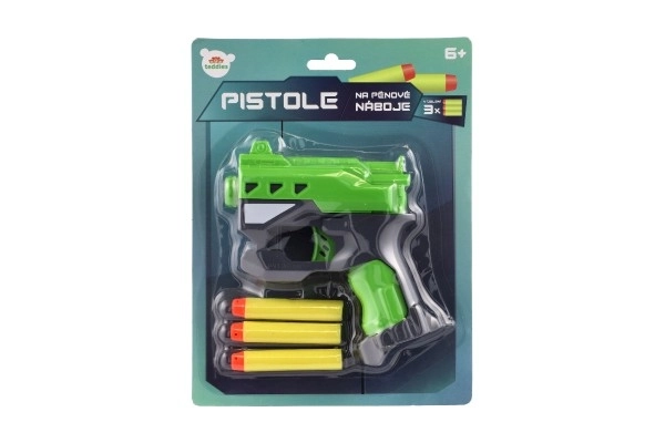 Pistolet à balles en mousse 12x14cm plastique + 3 munitions 2 couleurs sur carte