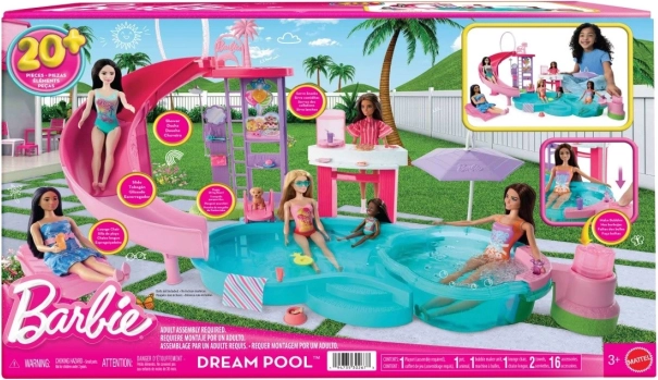 barbie piscine de rêve – set de jeu avec toboggan, jacuzzi et snack-bar