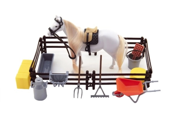 Cheval dans l'enclos avec accessoires
