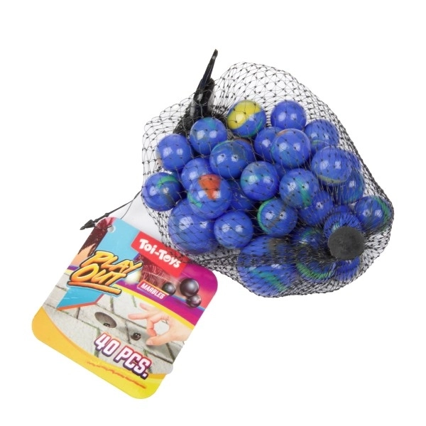 Billes en verre de différentes tailles 40 pcs mélange de couleurs dans un filet 12 pcs en boîte