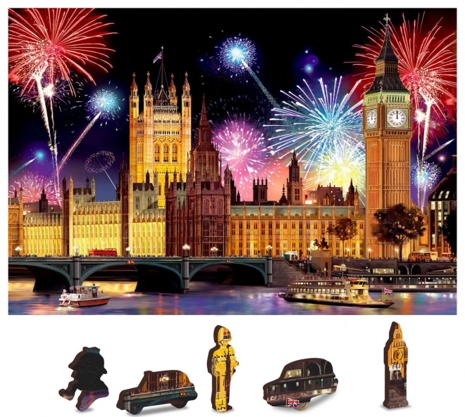 Puzzle en bois Londres la nuit avec feu d’artifice