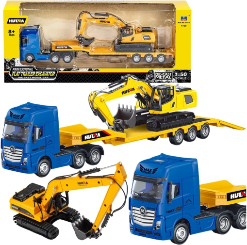 Tracteur routier métallique avec remorque à plateau bas et pelleteuse HUINA 1:50 jaune