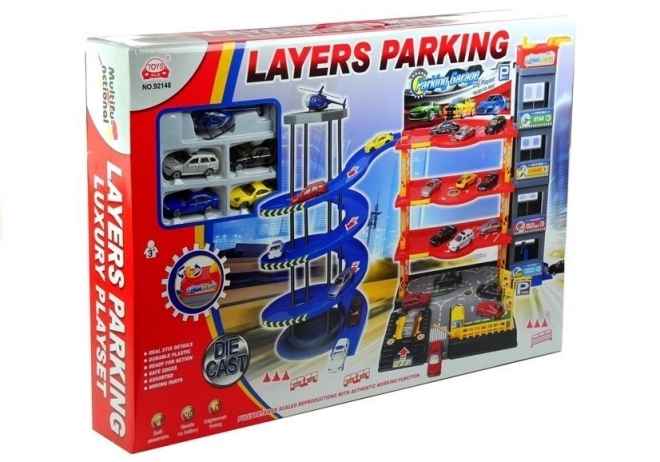 Garage multi-niveaux avec petites voitures et hélicoptère