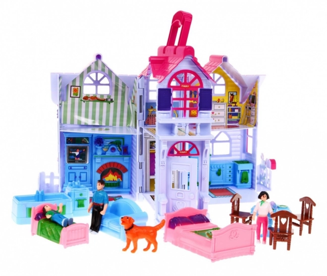 Maison de poupées pliable 3+ Violet + figurines de famille + chien + meubles + 2 étages