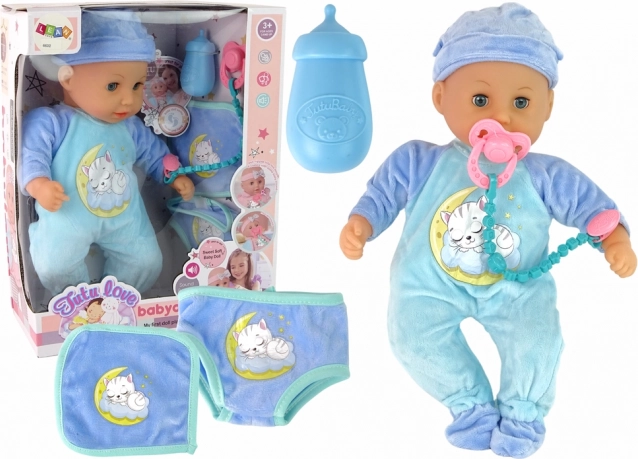 Poupée bébé avec sons et pyjama bleu avec chat
