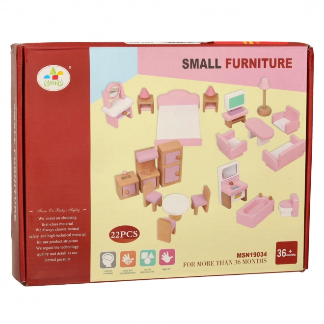 Meubles en bois pour maison de poupées - salon, chambre à coucher, salle de bain, cuisine rose